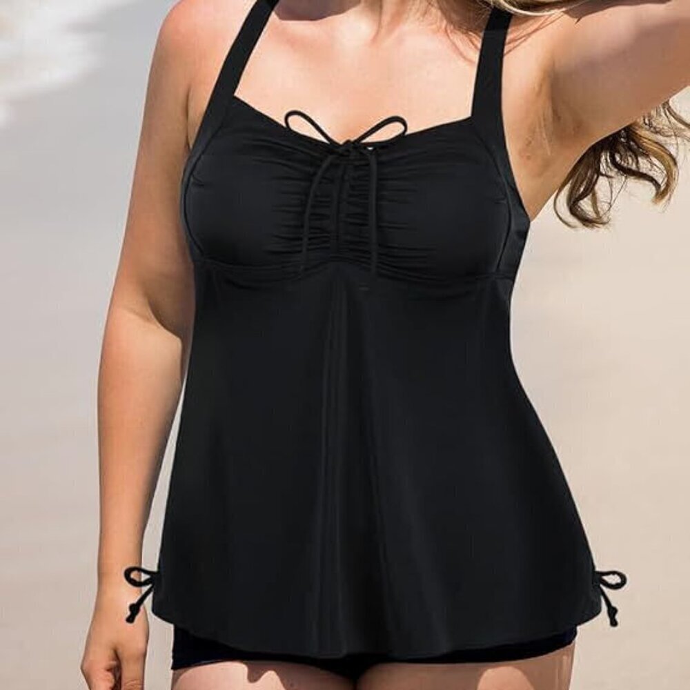 Septangle Tankini Swim Top Size 22W Black Tummy Control Wire Free Bra Beach NWT